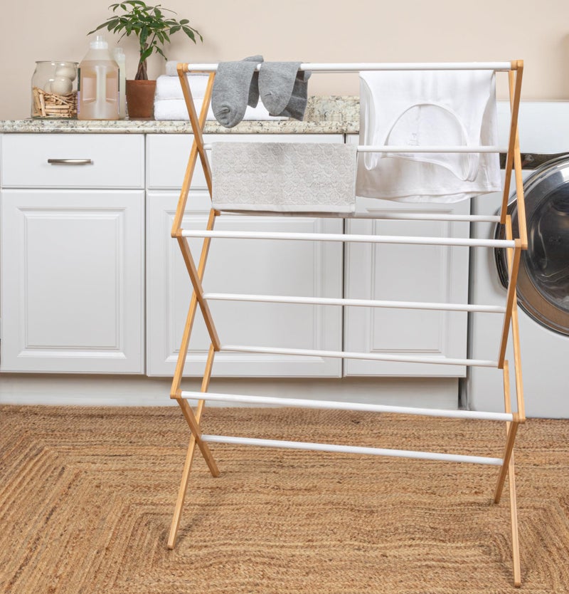 Household Essentials Bamboo Folding Clothes Drying Rack | White Finish, 11 Dowels & Flat Drying Shelf | Eco-Friendly, Collapsible Laundry Rack for Dorms, Apartments & Small Spaces | Fully Assembled - Image 2